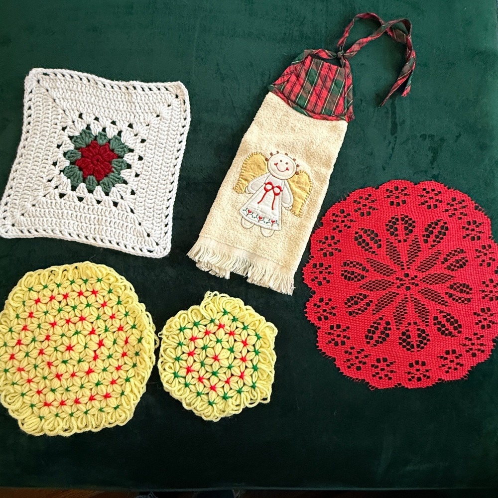 Vintage Christmas Decor Lot 5 Crochet Doilies Angel Hanging Towel Handmade